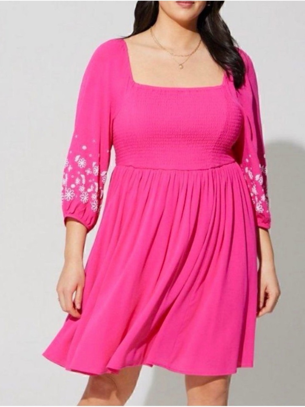 Torrid Gauze Smocked 3/4 Sleeve Embroidered Mini Dress in Pink White Size Large